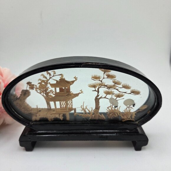 Vintage 90s Diorama Miniature Japanese Landscape in Black Lacquered Wooden Case - Picture 1 of 15